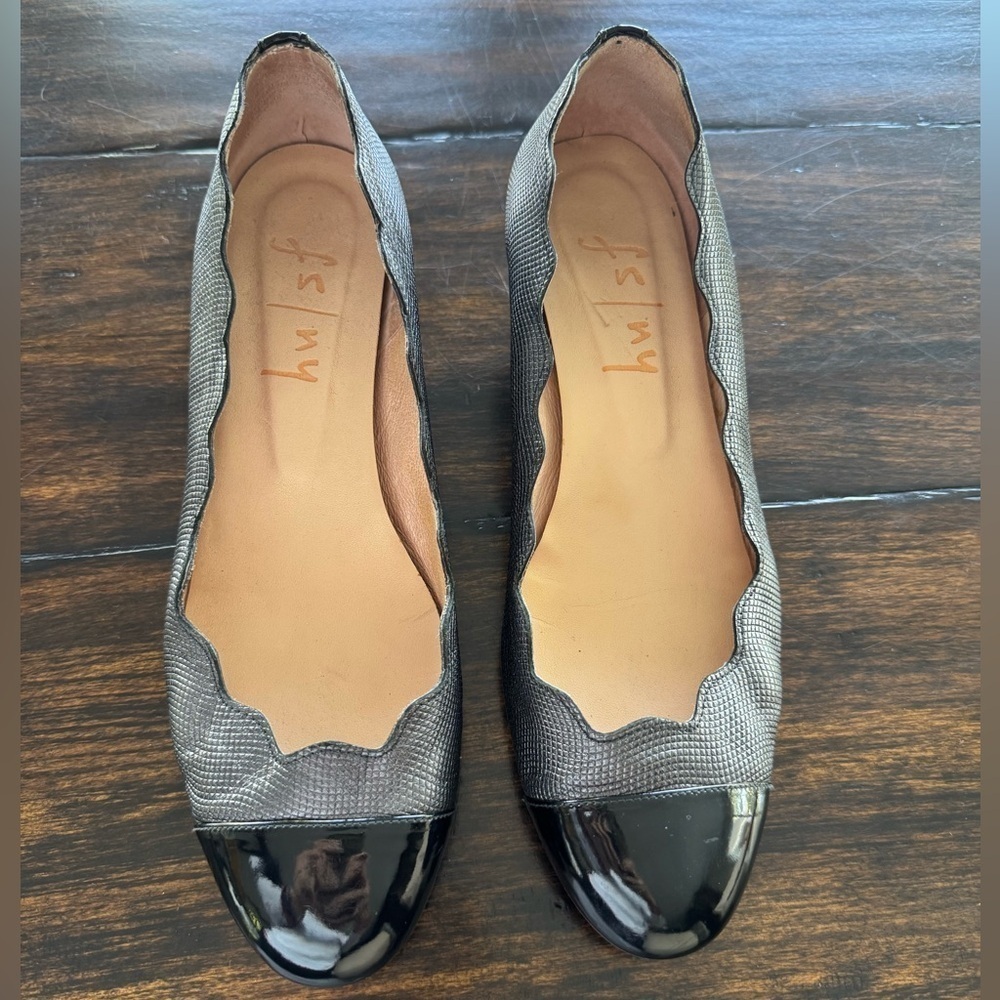 French sole- FS/NY | Miles wedges | pewter metallic leather| Sz 7.5